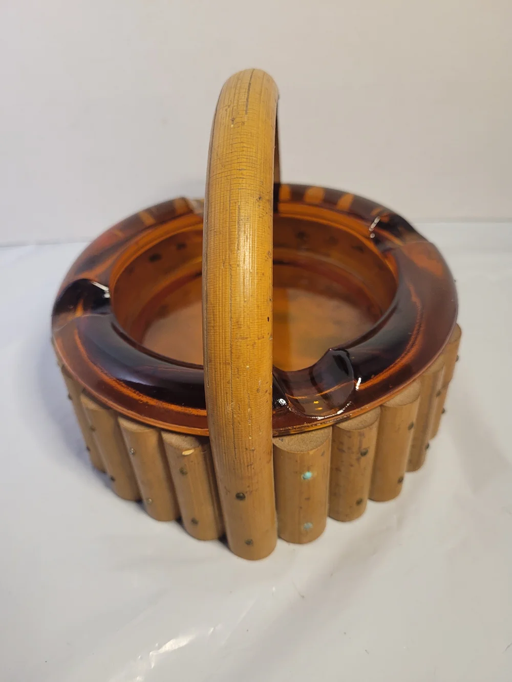 Vintage MCM Amber Glass Ashtray In A Bamboo Basket (A1)